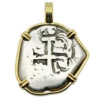 Colonial Spanish Peru, King Philip V two reales dated 1734 in 14k gold pendant.