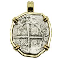 Spanish 4 reales dated 1622, in 14k gold pendant, 1622 Portuguese Shipwreck, Mozambique, Africa.