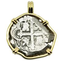 Spanish 4 reales, 1729-1730, in 14k gold pendant, 1739 Dutch Shipwreck off England.
