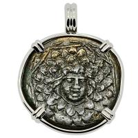 Greek 120-63 BC, Medusa and Nike bronze coin in 14k white gold pendant.