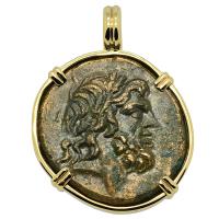 Greek 120-70 BC, Zeus and Eagle bronze coin in 14k gold pendant.