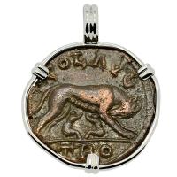 Roman Empire AD 250-268, She-Wolf Suckling Twins and Tyche coin in 14k white gold pendant. 