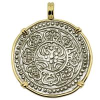 Buddhist Tibetan 1850-1880's, Ga-Den Tanka in 14k gold pendant.