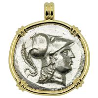 Greek 205-100 BC, Athena and Nike tetradrachm in 14k gold pendant.