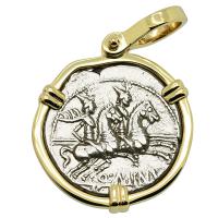 Roman Republic 122 BC, Dioscuri on horseback denarius in 14k gold pendant. 