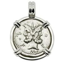 Roman Republic 120 BC, Janus and Roma denarius in 14k white gold pendant.