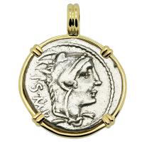 Roman Republic 105 BC, Queen Goddess Juno denarius in 14k gold pendant.