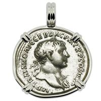 Roman Empire AD 103-111, Emperor Trajan and Pax denarius in 14k white gold pendant.