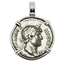 Roman Empire AD 125-128, Hadrian and Roma denarius in 14k white gold pendant.