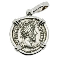 Roman Empire AD 161, Marcus Aurelius and Concordia denarius in 14k white gold pendant.