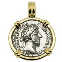 Roman Empire AD 170-171, Marcus Aurelius and Roma denarius in 14k gold pendant.
