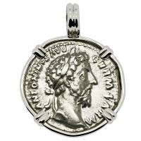 Roman Empire AD 175, Marcus Aurelius and Roma denarius in 14k white gold pendant.