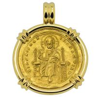 Byzantine 1028-1034, Jesus Christ with Mary and Romanus III gold nomisma in 18k gold pendant.