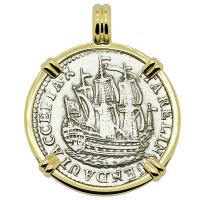 Dutch 6 stuivers ship shilling, dated 1780 in 14k gold pendant.