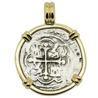Colonial Spanish Mexico 1 real 1571-1589, in 14k gold pendant.