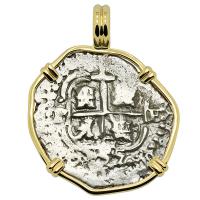 Colonial Spanish Peru, King Philip IV one real dated 1655, in 14k gold pendant.