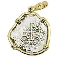 Colonial Spanish Peru, King Philip IV one real dated 1665, in 14k gold pendant.
