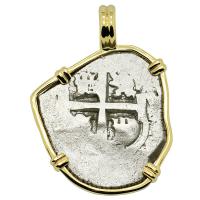 Colonial Spanish Peru, King Charles II one real dated 1672, in 14k gold pendant.