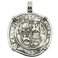 Colonial Spanish Mexico, Johanna and Charles I two reales 1555-1571, in 14k white gold pendant.