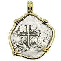 Colonial Spanish Peru, King Charles II two reales dated 1675, in 14k gold pendant.