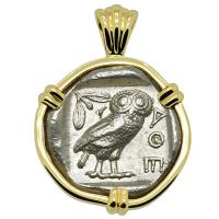 Greek 454-404 BC, Owl and Athena tetradrachm in 14k gold pendant.