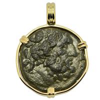 Greek 133-27 BC, God of Medicine Asclepius bronze coin in 14k gold pendant.