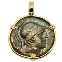 Greek 115-90 BC, Ares and Sword bronze coin in 14k gold pendant.