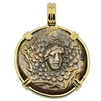 Greek 120-63 BC, Medusa and Nike bronze coin in 14k gold pendant.