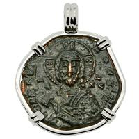 Byzantine 969-976, bronze follis in 14k white gold pendant.