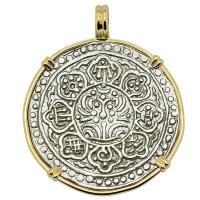Buddhist Tibetan 1850-1880s, Ga-Den Tanka in 14k gold pendant.