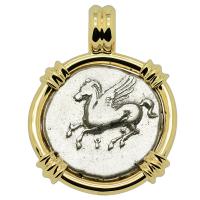 Greek Corinth 375-300 BC, Pegasus and Athena stater in 14k gold pendant.
