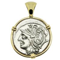 Roman Republic 104 BC, Roma and Saturn chariot denarius in 14k gold pendant. 