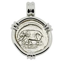 Roman Republic 81 BC, Elephant and Pietas denarius in 14k white gold pendant. 