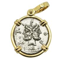 Roman Republic 120 BC, Janus and Roma denarius in 14k gold pendant.