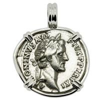 Roman Empire AD 147-148, Antoninus Pius and Annona denarius in 14k white gold pendant.