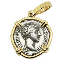 Roman Empire AD 145-147, Marcus Aurelius as Caesar denarius in 14k gold pendant.