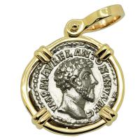 Roman Empire AD 161, Marcus Aurelius and Providentia denarius in 14k gold pendant.