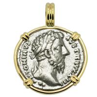Roman Empire AD 168-169, Marcus Aurelius and Salus denarius in 14k gold pendant.