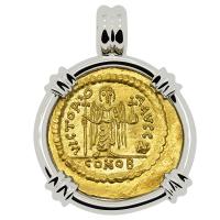 Byzantine AD 582-602, Angel and Emperor Tiberius gold solidus in 14k white gold pendant.