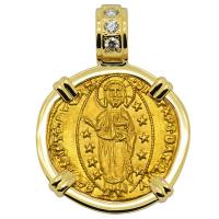 Venice 1414-1423, Jesus Christ and Saint Mark ducat in 18k gold pendant with diamonds.