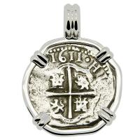 Spanish King Philip III one real dated 1611, in 14k white gold pendant.