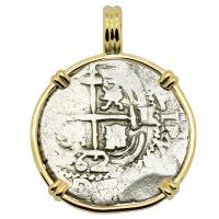 Colonial Spanish Peru, King Philip IV one real dated 1662, in 14k gold pendant.