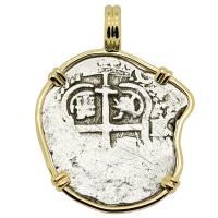 Colonial Spanish Peru, King Charles II one real dated 1668, in 14k gold pendant.