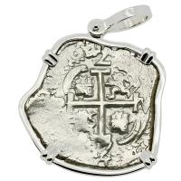 Colonial Spanish Peru, King Charles II two reales dated 1687, in 14k white gold pendant.