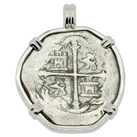 Colonial Spanish Mexico, King Philip III four reales 1598-1618, in 14k white gold pendant.
