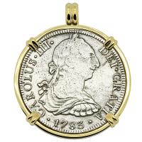 Spanish 8 reales dated 1783 in 14k gold pendant, The 1784 Shipwreck that Changed America.
