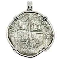 Spanish 8 reales 1622-1629, in 14k white gold pendant, 1641 Shipwreck Silver Shoals Dominican Republic. 