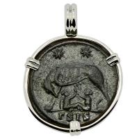 Roman Empire AD 330-336, She-Wolf Suckling Twins nummus in 14k white gold pendant. 