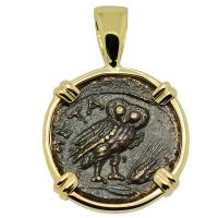 Greek 250-207 BC, Owl and Athena bronze coin in 14k gold pendant.