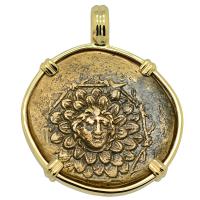 Greek 120-63 BC, Medusa and Nike bronze coin in 14k gold pendant.